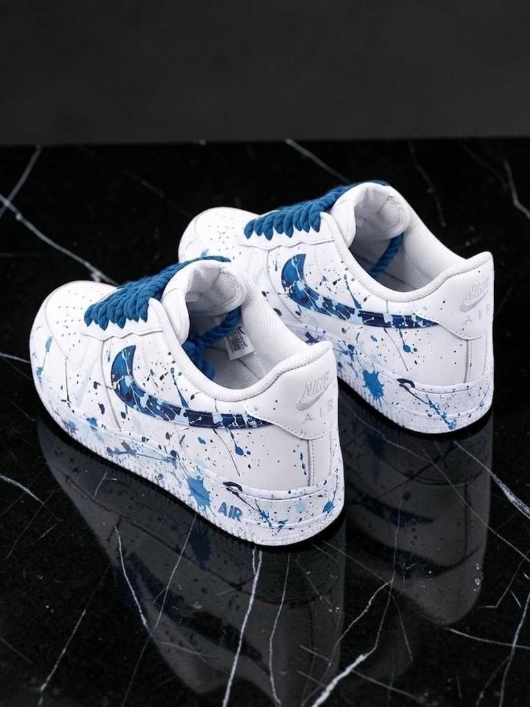 Custom Blue Paint Splatter Sneakers, Hand Painted White Shoes, Abstract Streetwear Sneakers, Personalized Shoes, Unique Gift for Him