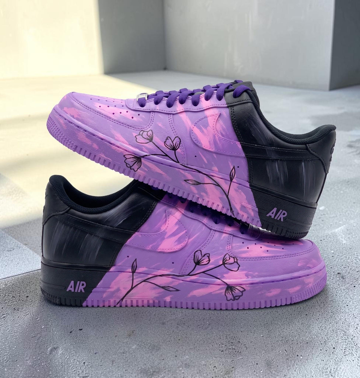 Custom Purple Floral Sneakers, Hand Painted Flower Shoes, Personalized Purple Shoes, Artistic Sneakers, Unique Streetwear Gift