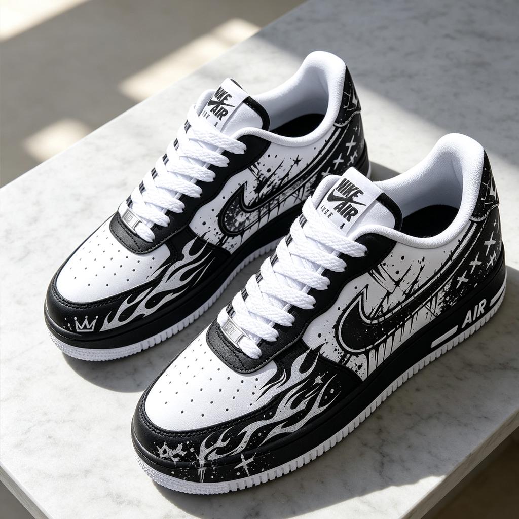 Custom White Air Force 1,Hand Painted Black&White Flame Shoes,Graffiti Style Streetwear,Unique Gift For Him And Her