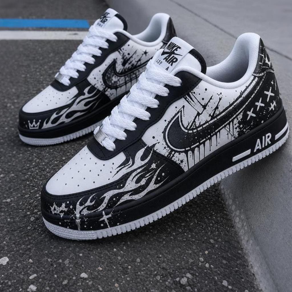 Custom White Air Force 1,Hand Painted Black&White Flame Shoes,Graffiti Style Streetwear,Unique Gift For Him And Her