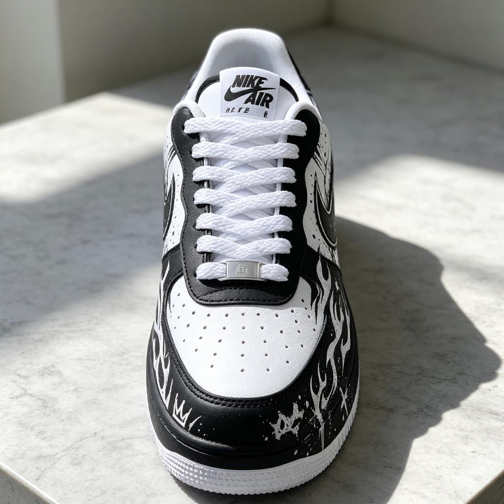 Custom White Air Force 1,Hand Painted Black&White Flame Shoes,Graffiti Style Streetwear,Unique Gift For Him And Her