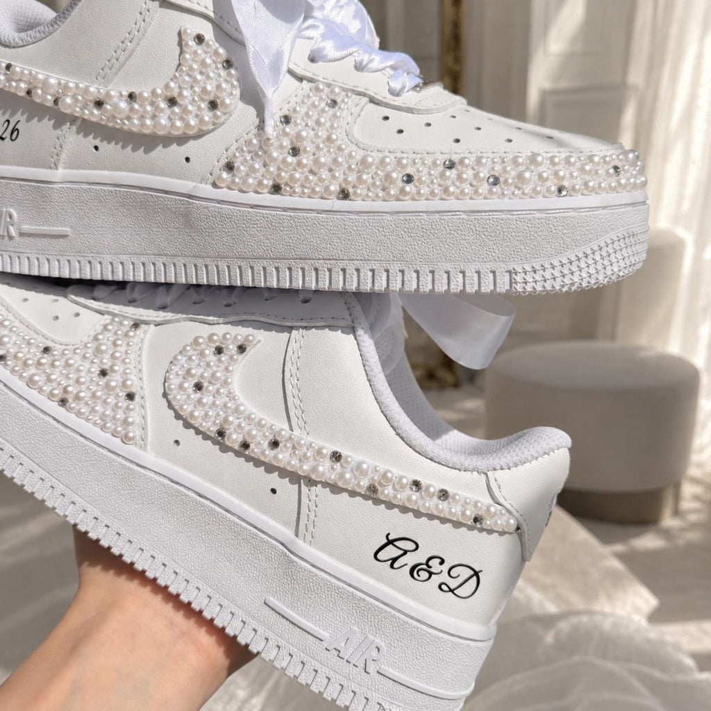 Custom Pearl Rhinestone Bridal Sneakers, Personalized Wedding Shoes (Date & Initials)