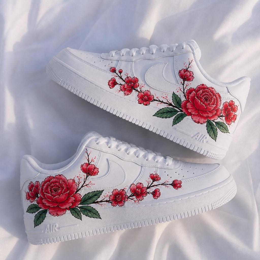 Custom Air Force 1, Red Floral Sneaker, Hand Painted AF1, Cherry Peony Shoe, Feminine Art Gift