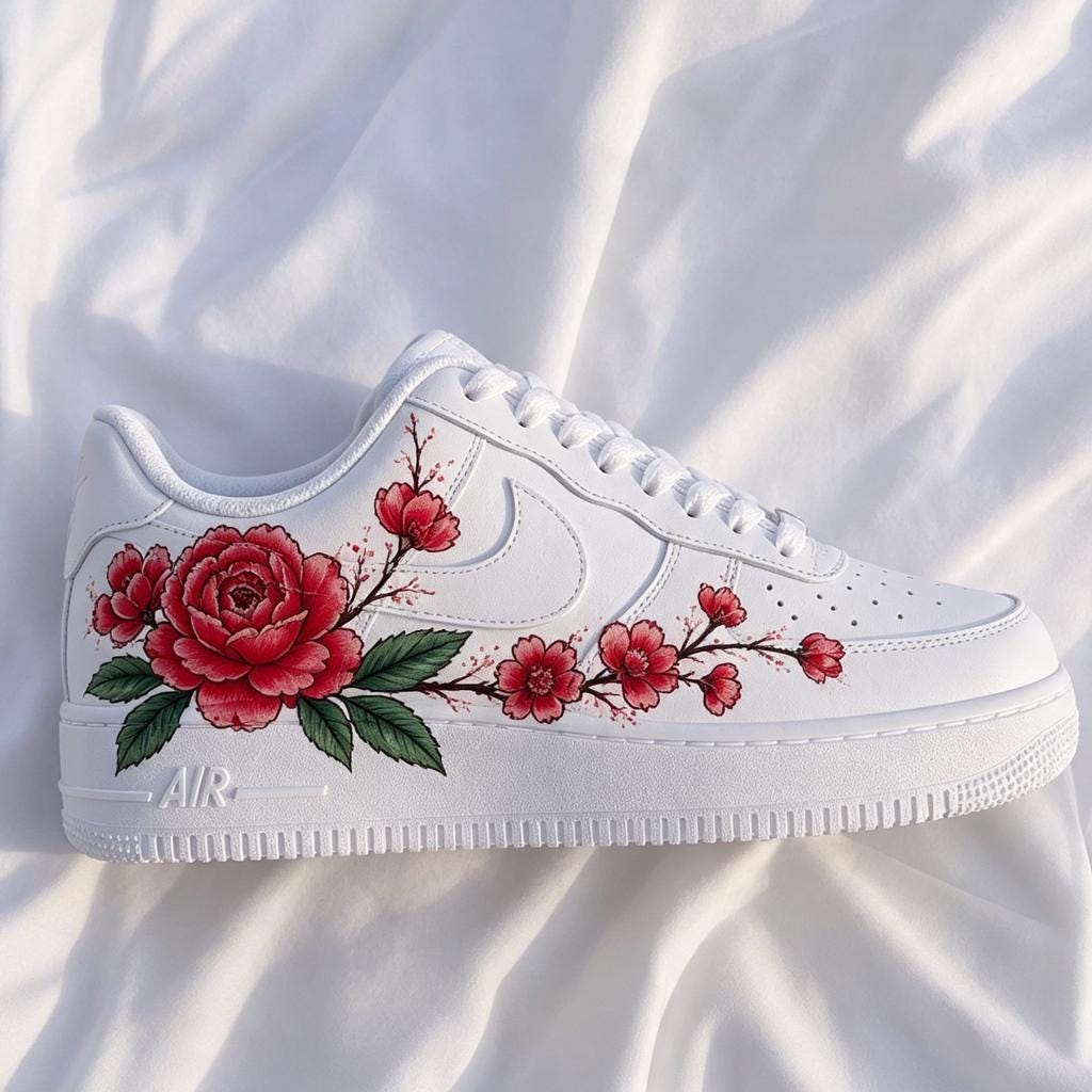 Custom Air Force 1, Red Floral Sneaker, Hand Painted AF1, Cherry Peony Shoe, Feminine Art Gift