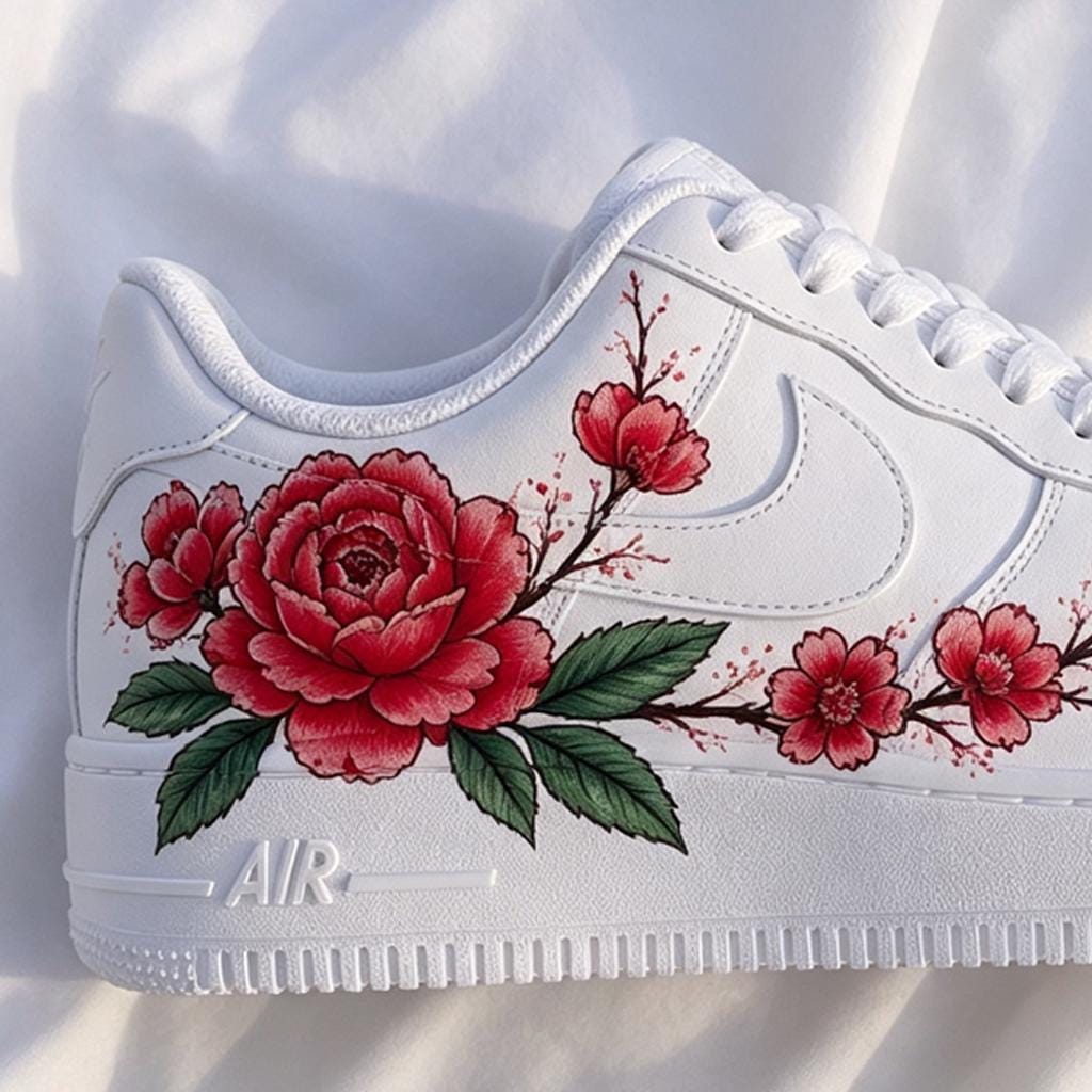 Custom Air Force 1, Red Floral Sneaker, Hand Painted AF1, Cherry Peony Shoe, Feminine Art Gift