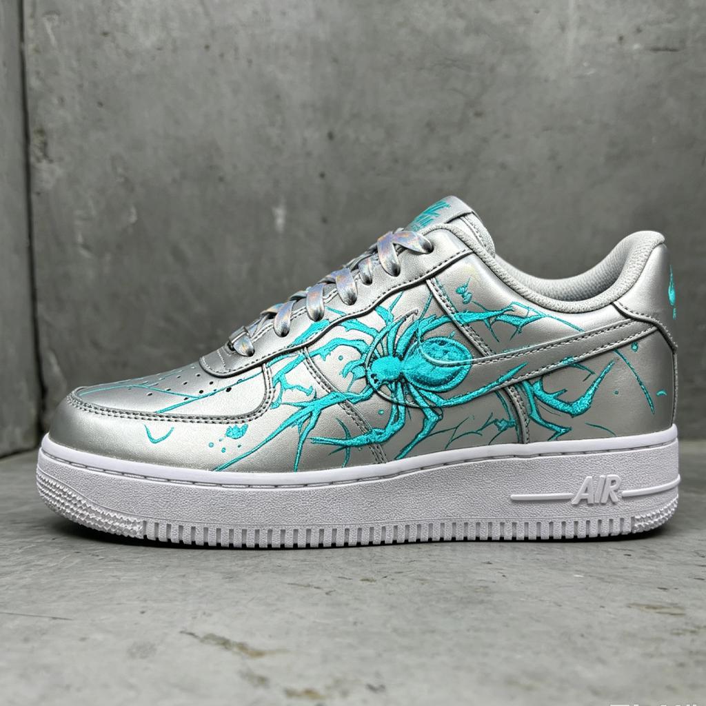 Custom White Air Force 1, HandMade Silver Y2K Spider Shoes,Cyberpunk Style Sneakers,Unique Gift For Him
