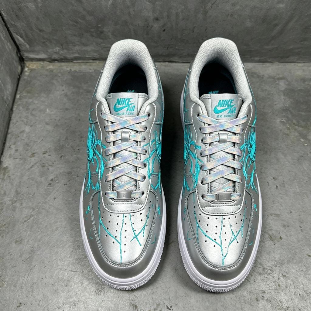 Custom White Air Force 1, HandMade Silver Y2K Spider Shoes,Cyberpunk Style Sneakers,Unique Gift For Him