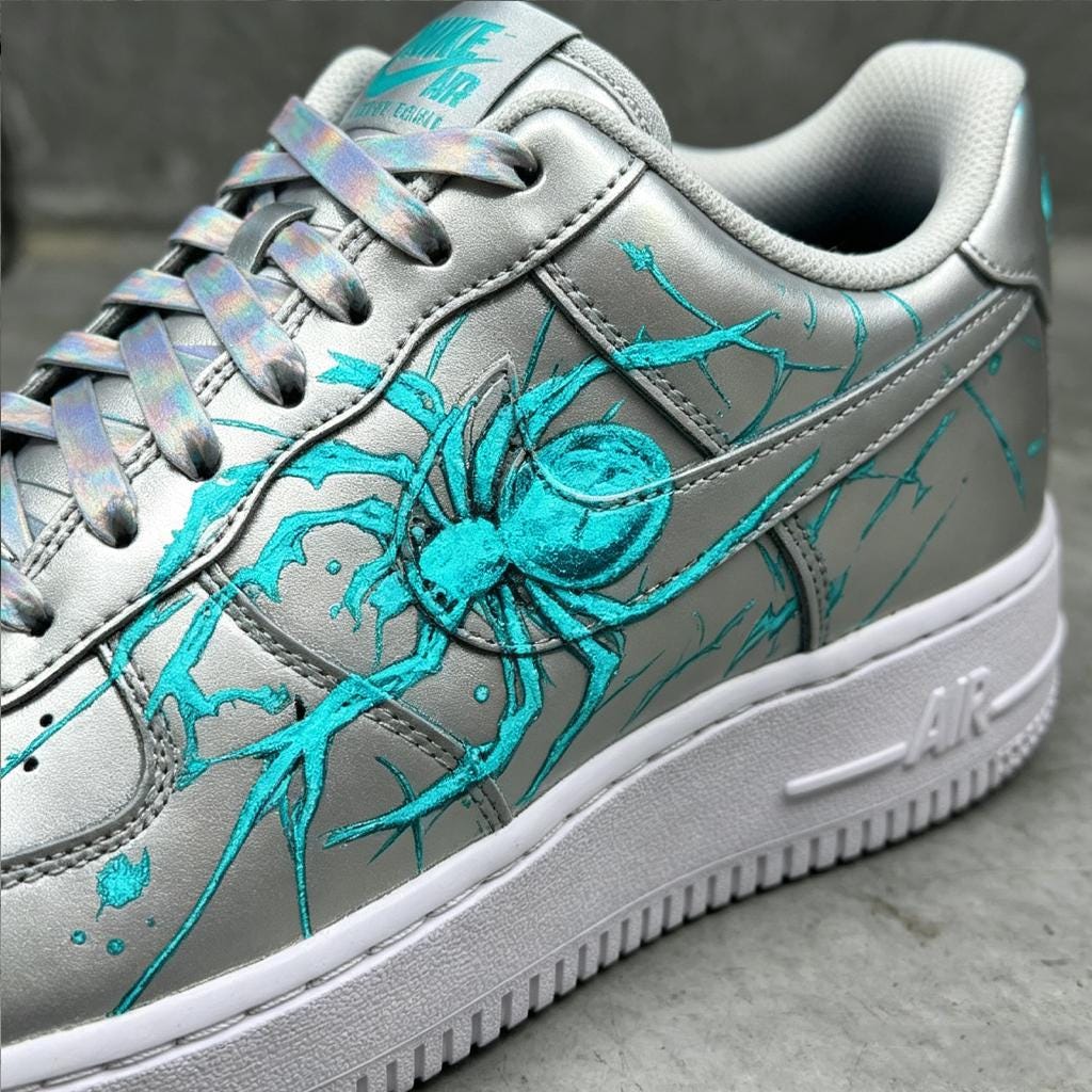 Custom White Air Force 1, HandMade Silver Y2K Spider Shoes,Cyberpunk Style Sneakers,Unique Gift For Him