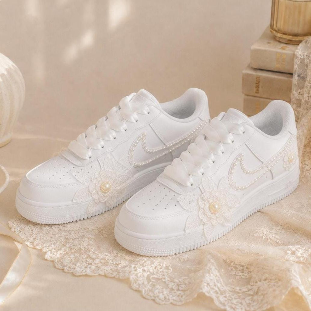 Custom Pearl Lace Floral Wedding Sneakers, Personalized, Air Force One Bridal Sneakers, Elegant Shoes, Prom Sneakers, Gift for Her