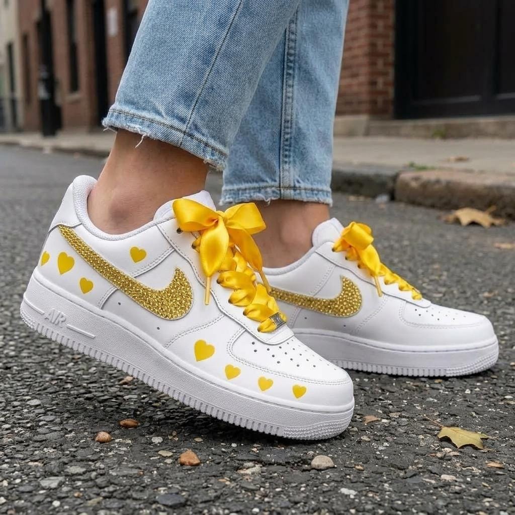 Yellow Custom Sneakers, Rhinestone Shoes, Heart Design, Hand Painted Sneakers, Gift for Her