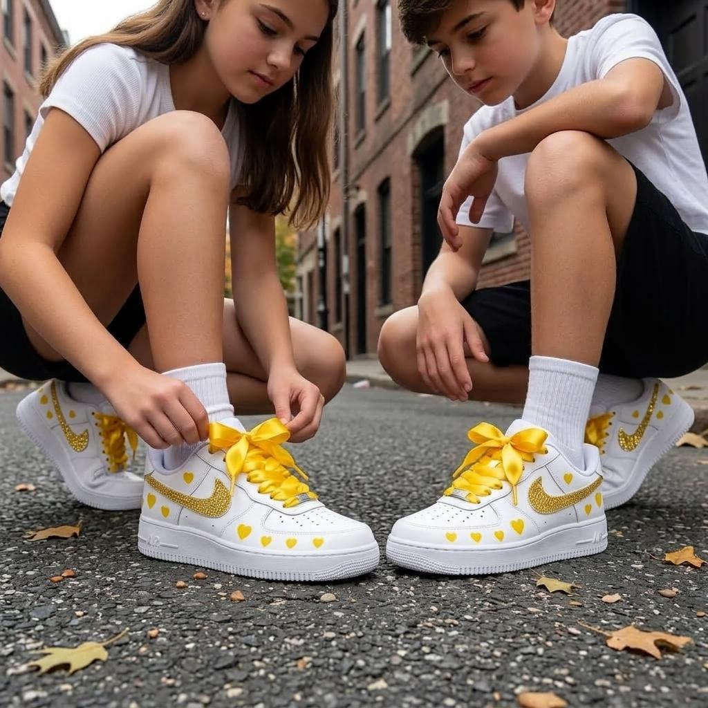 Yellow Custom Sneakers, Rhinestone Shoes, Heart Design, Hand Painted Sneakers, Gift for Her