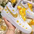 Yellow Custom Sneakers, Rhinestone Shoes, Heart Design, Hand Painted Sneakers, Gift for Her