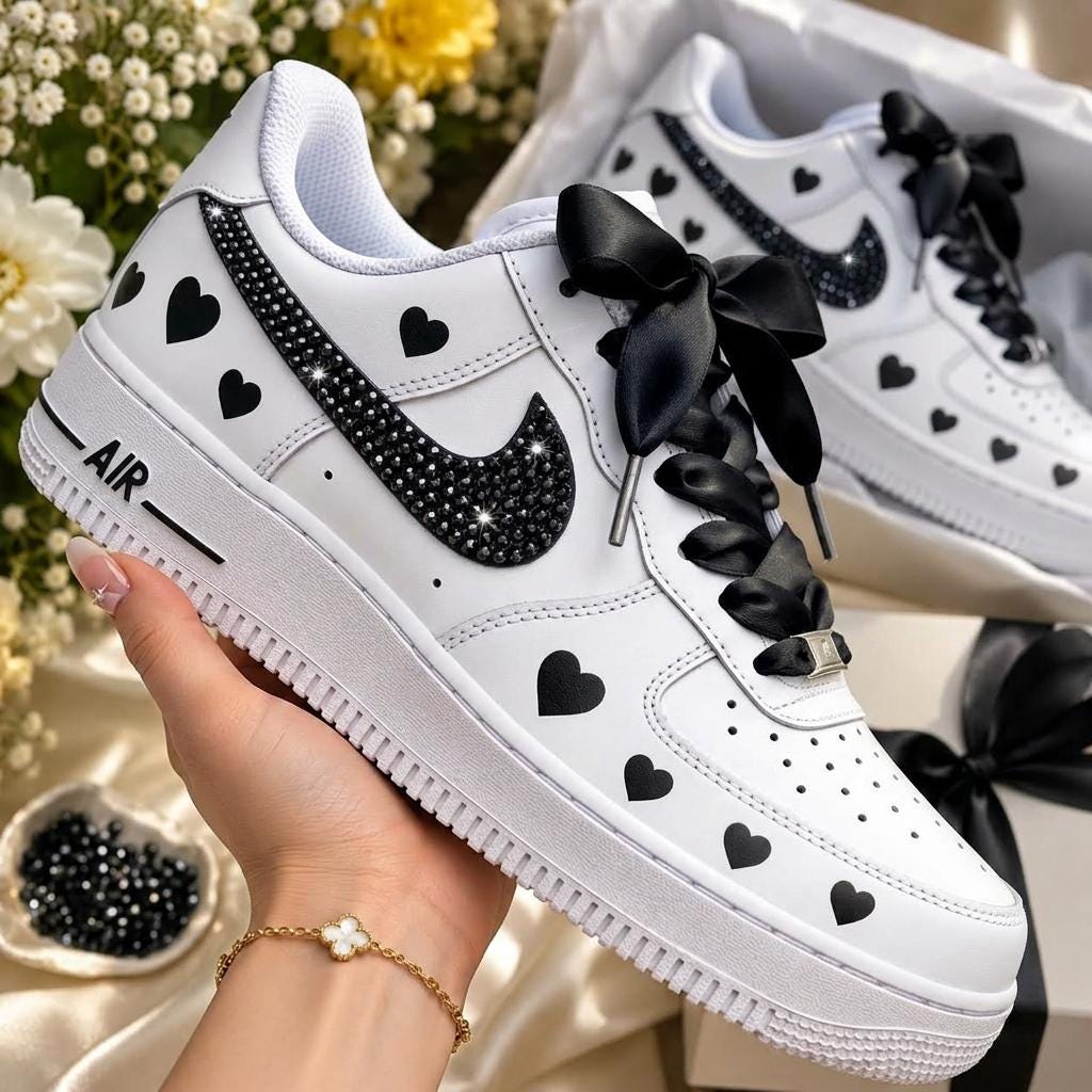 Yellow Custom Sneakers, Rhinestone Shoes, Heart Design, Hand Painted Sneakers, Gift for Her
