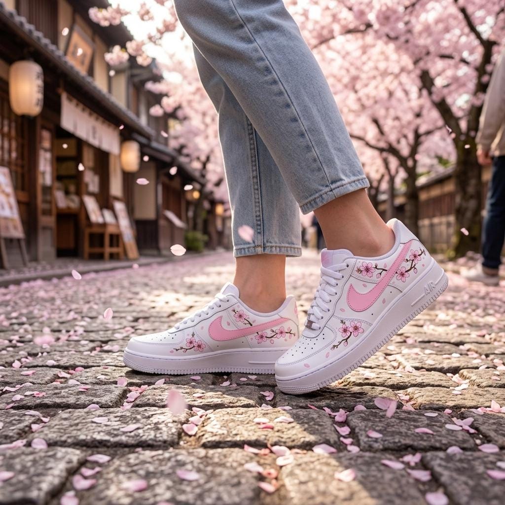Hand Painted Shoes, Custom Sneakers, Cherry Blossom Floral Design, Women’s Footwear
