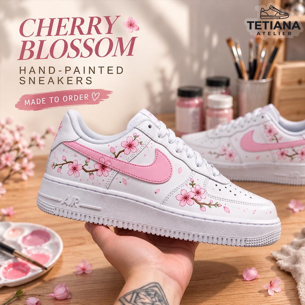 Hand Painted Shoes, Custom Sneakers, Cherry Blossom Floral Design, Women’s Footwear