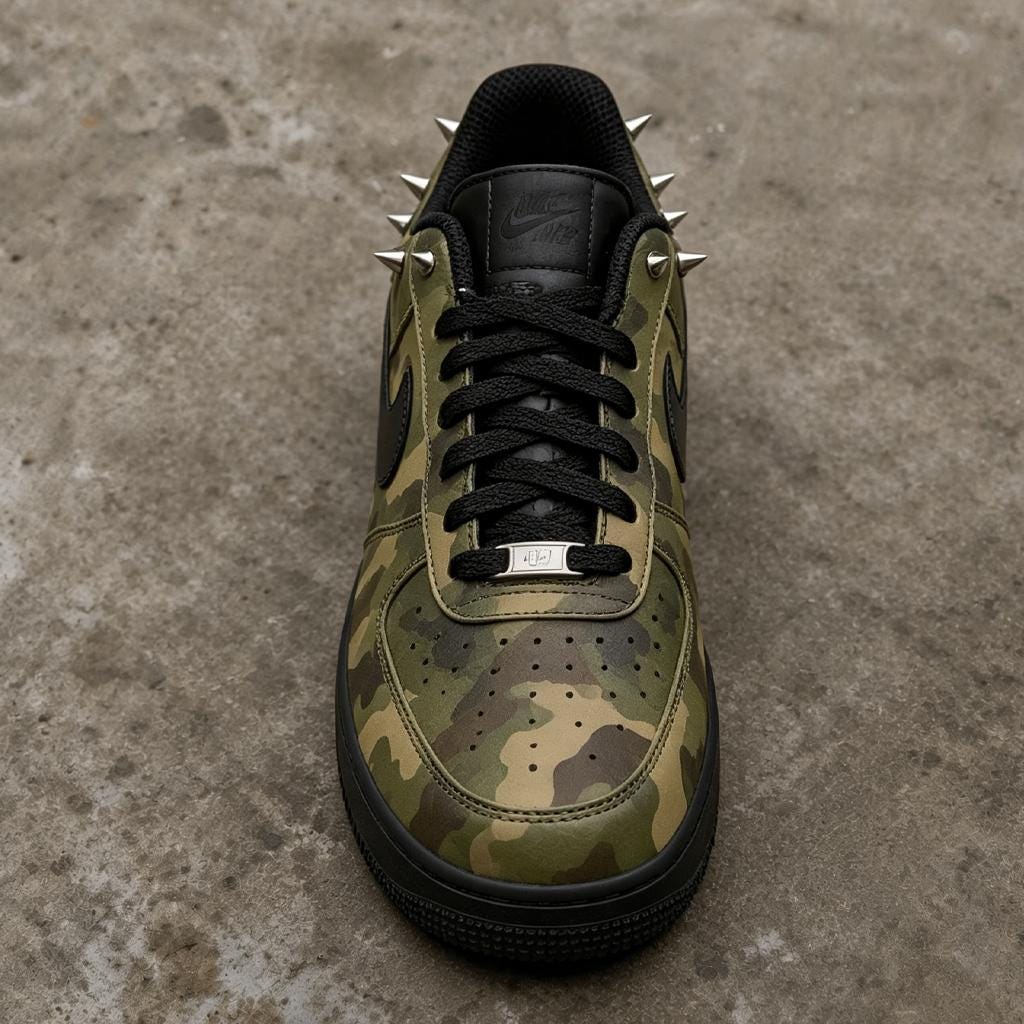 Custom Black Air Force 1,HandPainted Camo With Studded&Spikes Shoes,Tactical Camo Footwear As Unique Gift For Him