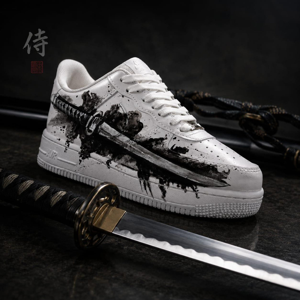 White Shoes with Black Samurai Sword Art,Alternative Streewear Footwear,Gothic Hand-Painted Sneakers,Gift