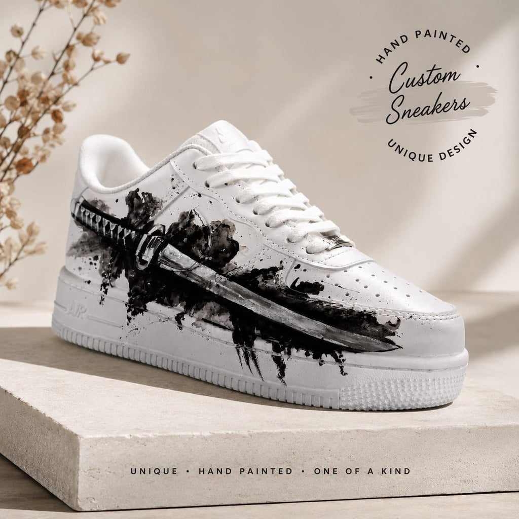 White Shoes with Black Samurai Sword Art,Alternative Streewear Footwear,Gothic Hand-Painted Sneakers,Gift