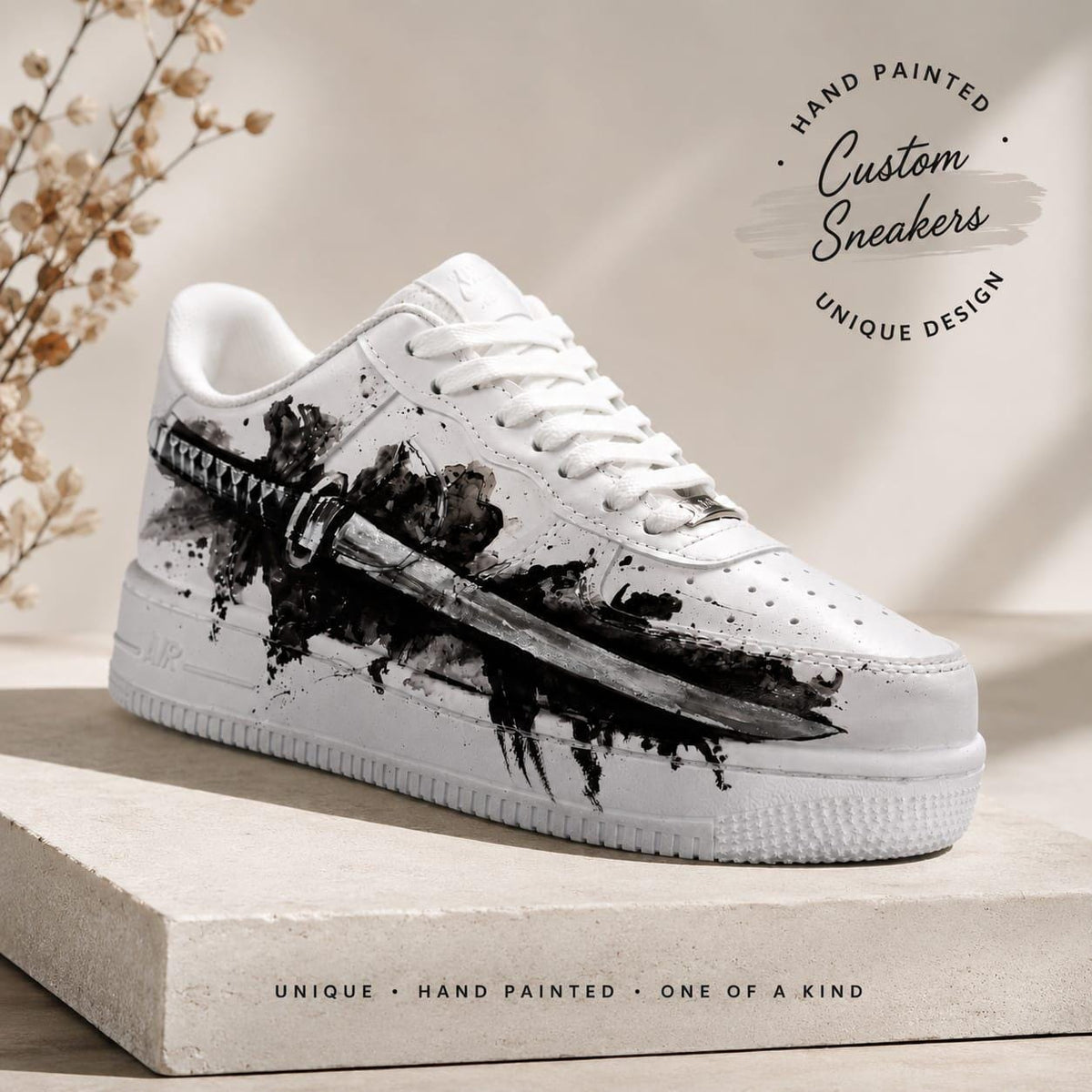 White Shoes with Black Samurai Sword Art,Alternative Streewear Footwear,Gothic Hand-Painted Sneakers,Gift