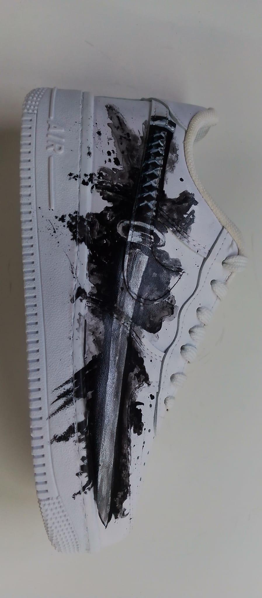 White Shoes with Black Samurai Sword Art,Alternative Streewear Footwear,Gothic Hand-Painted Sneakers,Gift