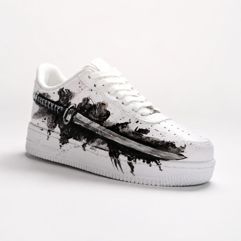 White Shoes with Black Samurai Sword Art,Alternative Streewear Footwear,Gothic Hand-Painted Sneakers,Gift