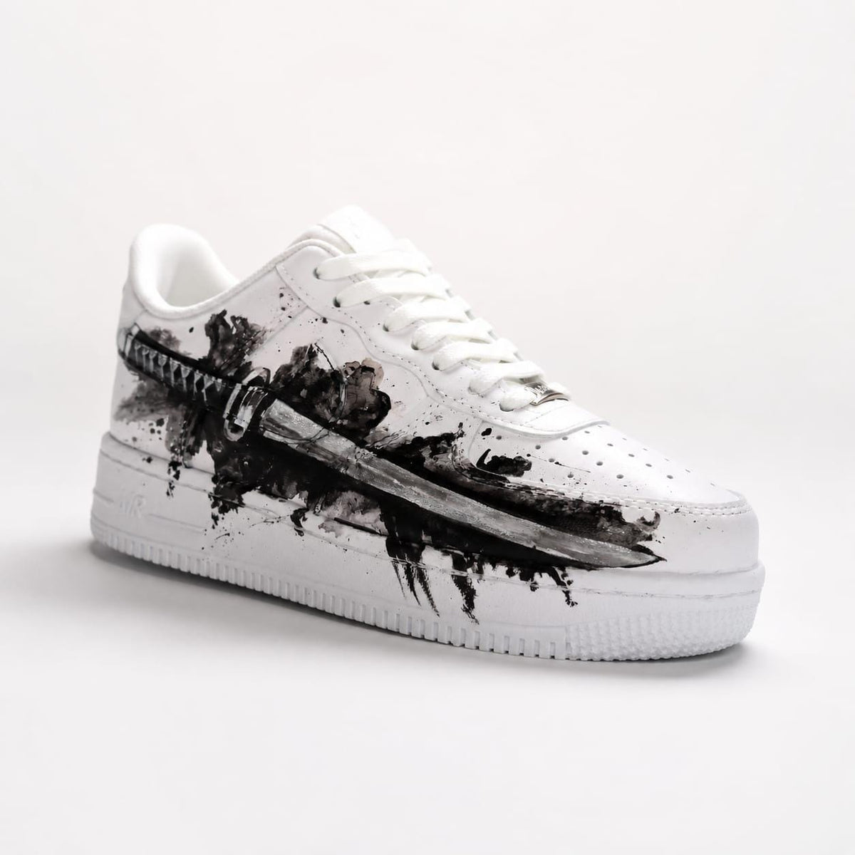 White Shoes with Black Samurai Sword Art,Alternative Streewear Footwear,Gothic Hand-Painted Sneakers,Gift