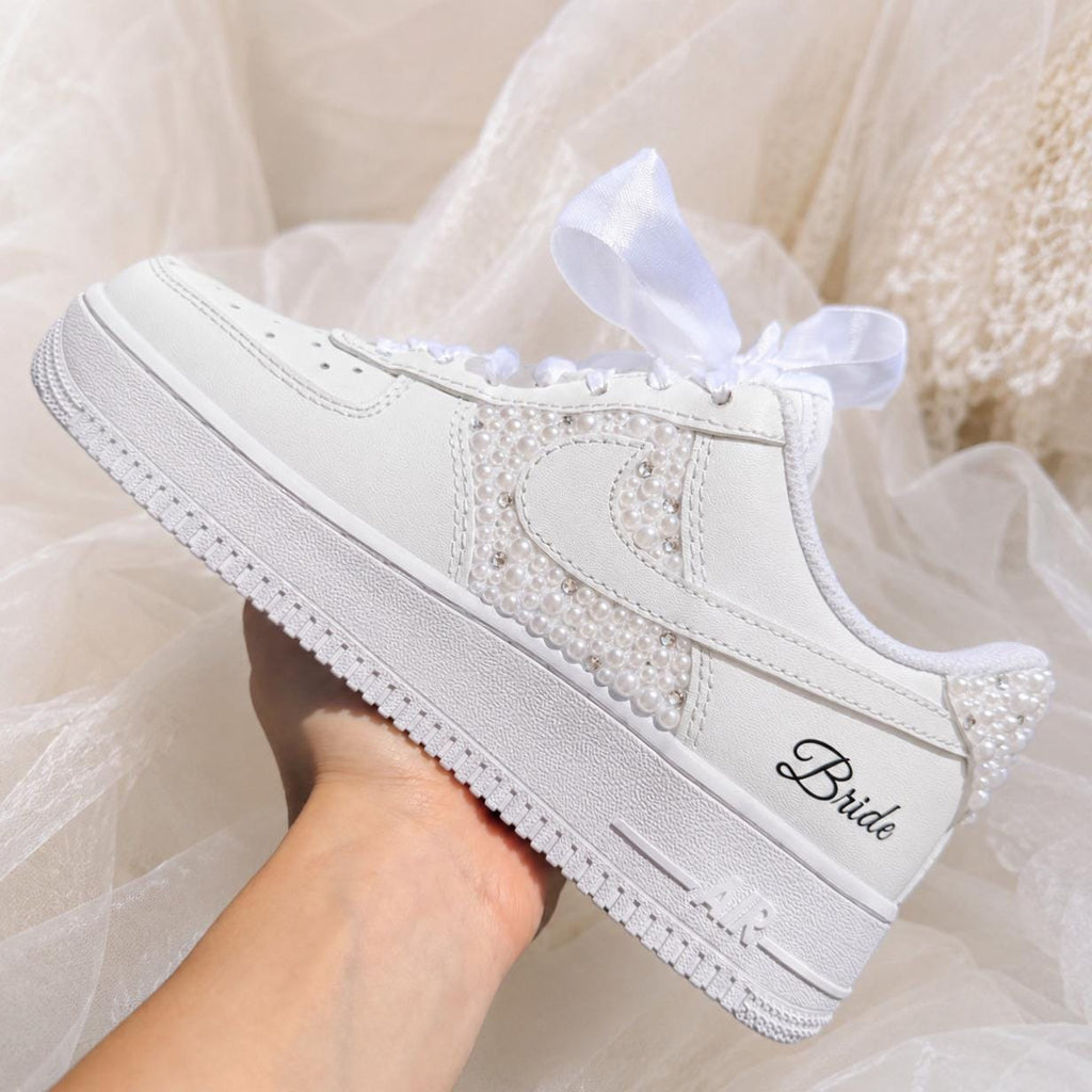 Pearl & Rhinestone Bridal Sneakers, Personalized Wedding Shoes with Custom Side Design