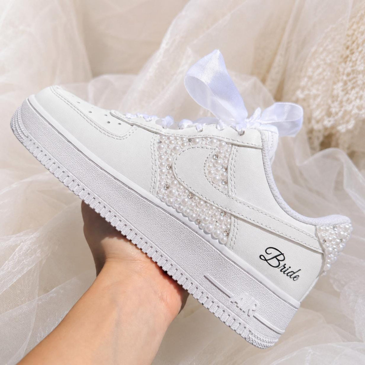 Pearl & Rhinestone Bridal Sneakers, Personalized Wedding Shoes with Custom Side Design