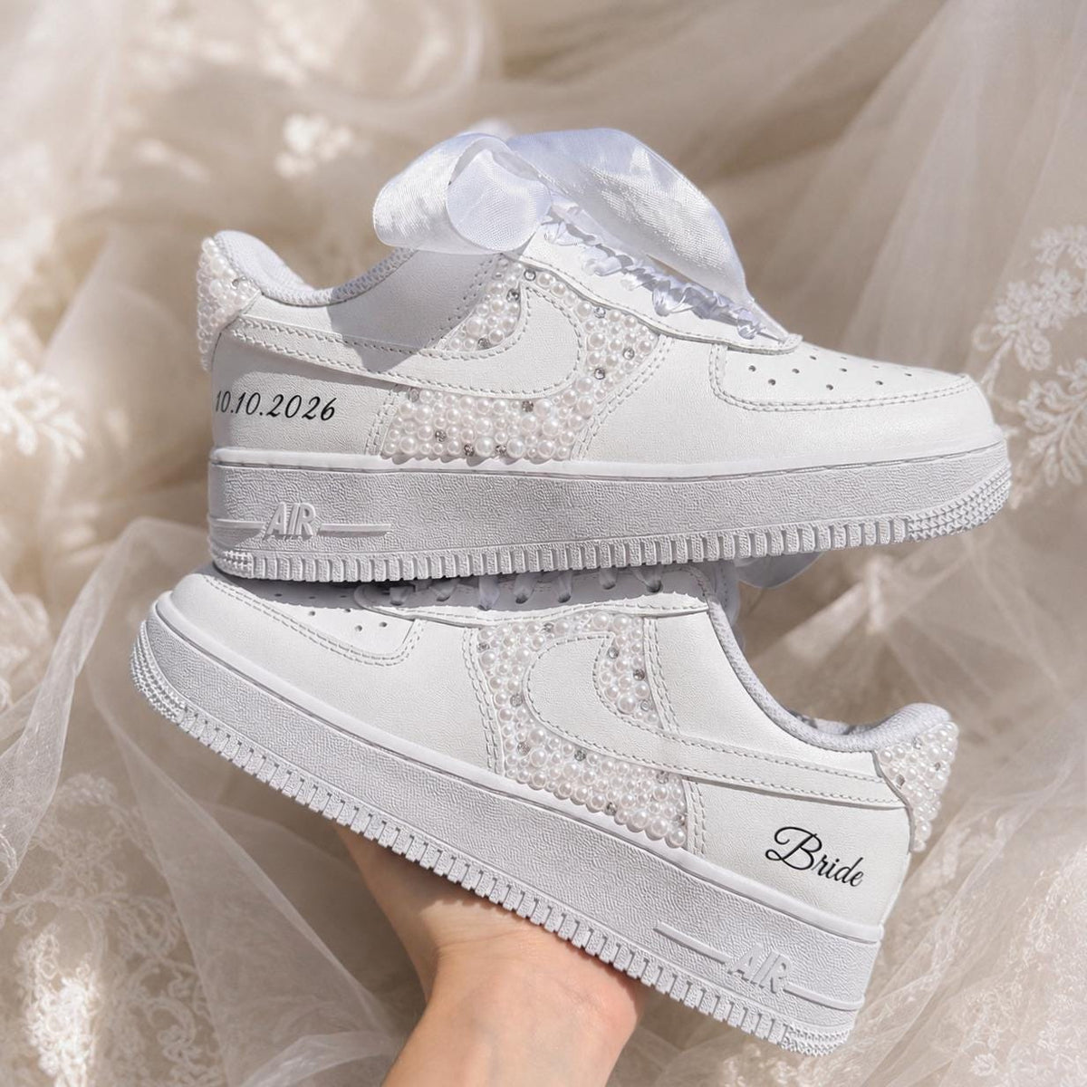 Pearl & Rhinestone Bridal Sneakers, Personalized Wedding Shoes with Custom Side Design
