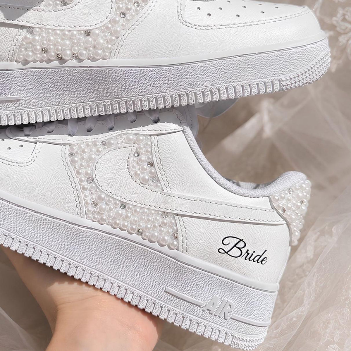 Pearl & Rhinestone Bridal Sneakers, Personalized Wedding Shoes with Custom Side Design
