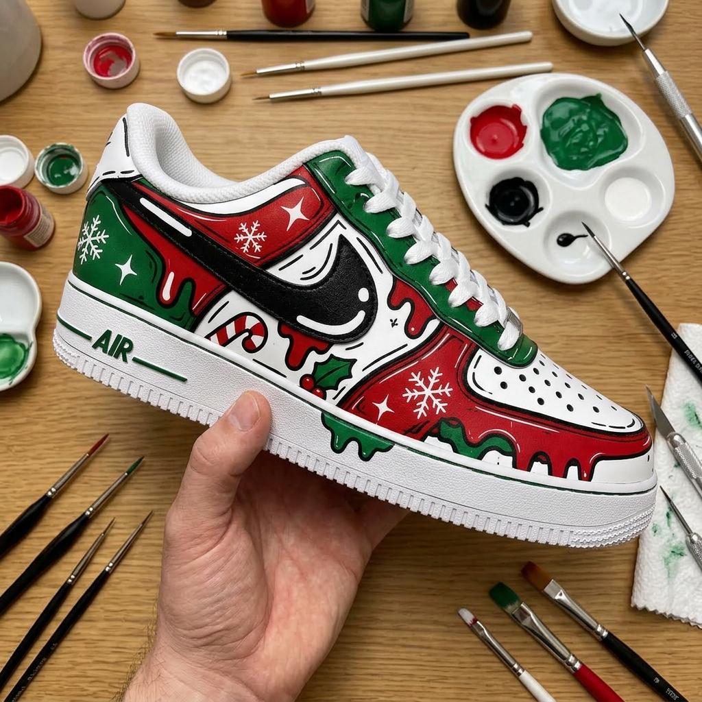 Festive Custom Shoes, Hand Painted Christmas AF1, Holiday Streetwear Kicks