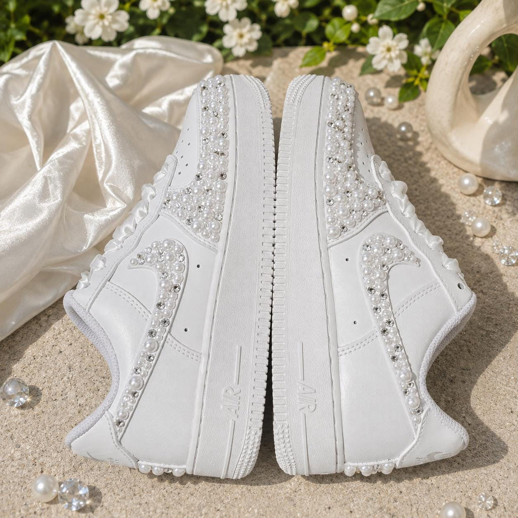 Custom Wedding Sneakers for Brides— Pearl & Silver Rhinestone Bridal Sneakers — Wedding Gift for the Bride—Handmade Custom Wedding Sneakers