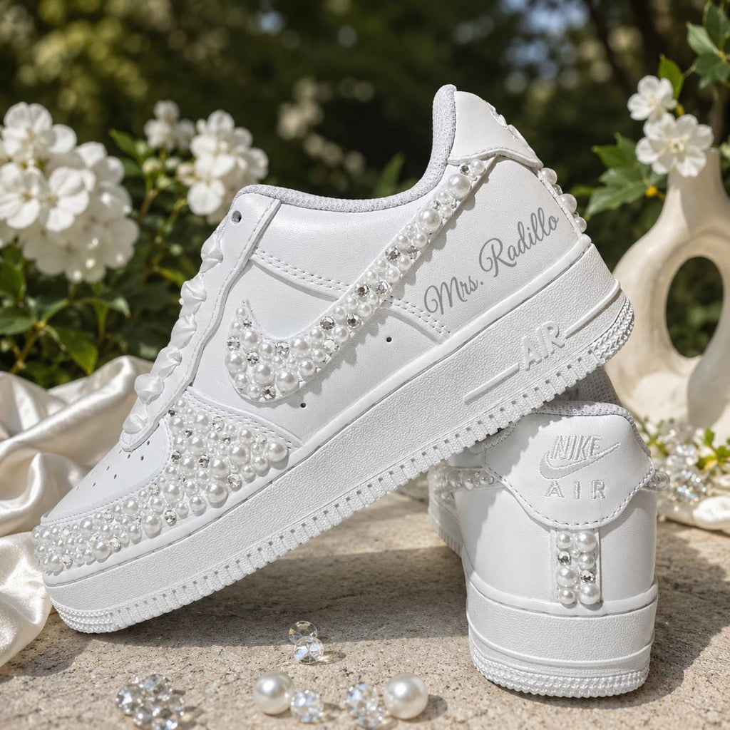 Custom Wedding Sneakers for Brides— Pearl & Silver Rhinestone Bridal Sneakers — Wedding Gift for the Bride—Handmade Custom Wedding Sneakers