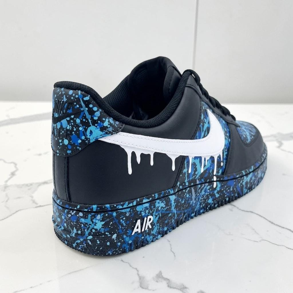 Custom Blue Paint Splatter Sneakers, Hand Painted Drip Shoes, Black Streetwear