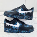 Custom Blue Paint Splatter Sneakers, Hand Painted Drip Shoes, Black Streetwear