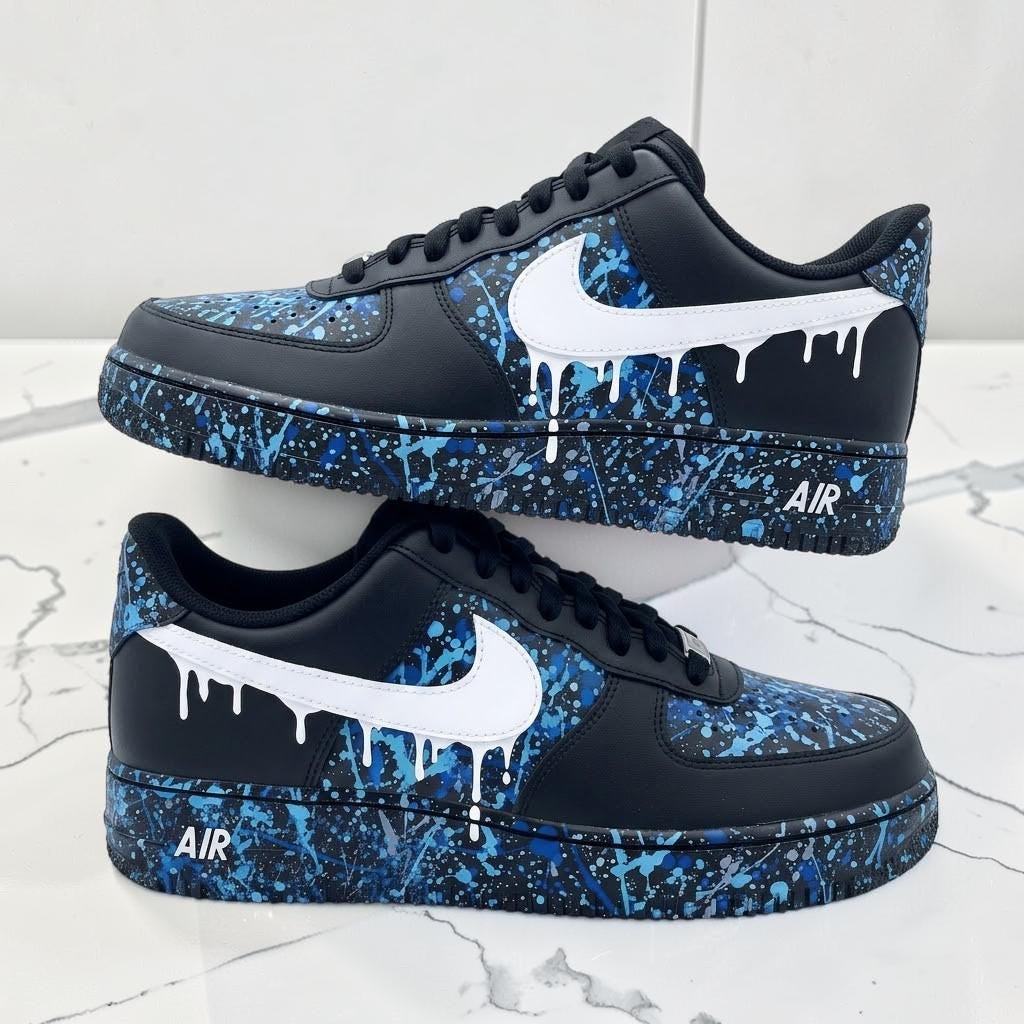 Custom Blue Paint Splatter Sneakers, Hand Painted Drip Shoes, Black Streetwear