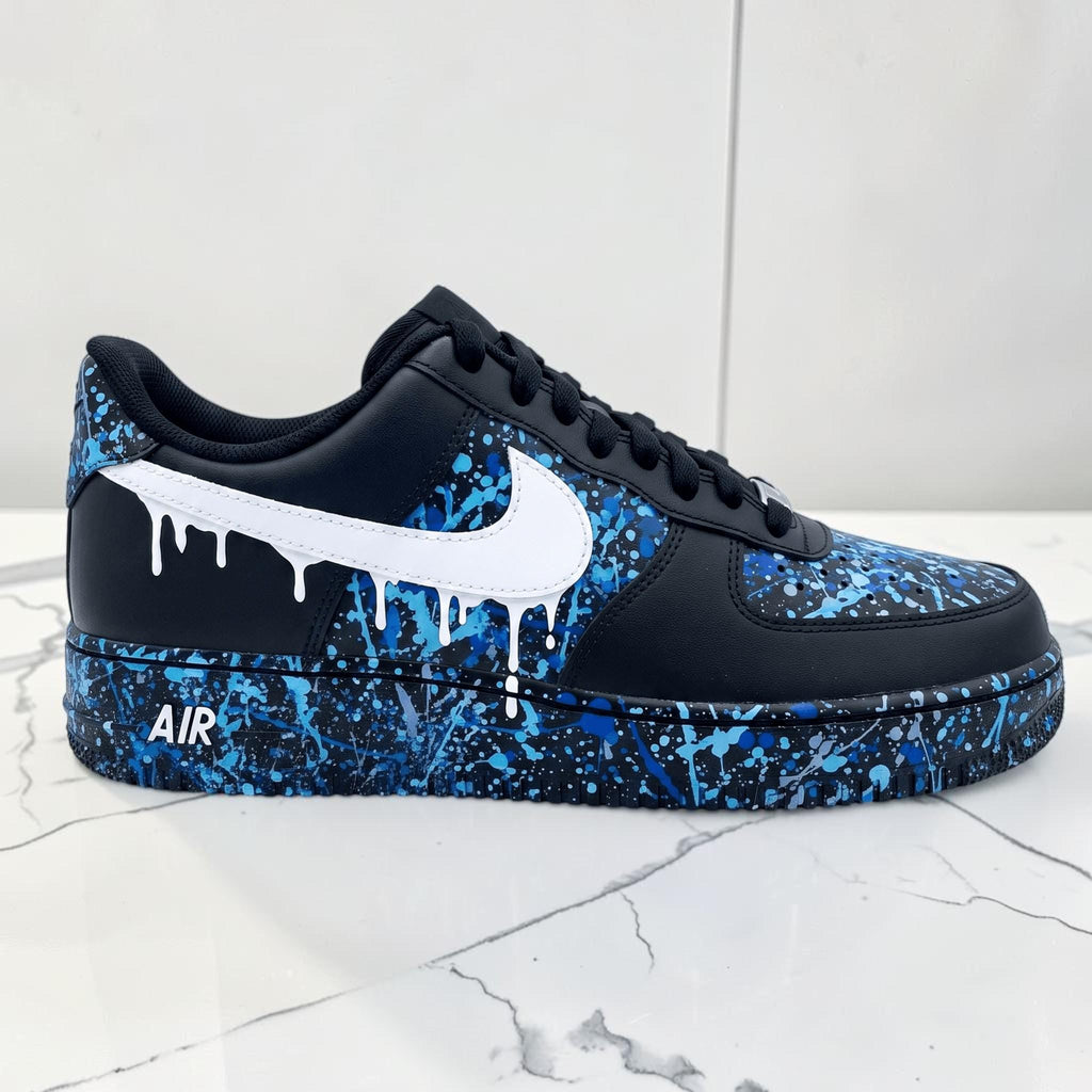 Custom Blue Paint Splatter Sneakers, Hand Painted Drip Shoes, Black Streetwear