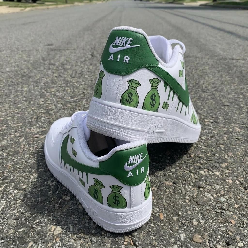 Money Drip Custom Sneakers, Hand Painted Shoes, Dollar Art, Green Streetwear, Unique Footwear Gift