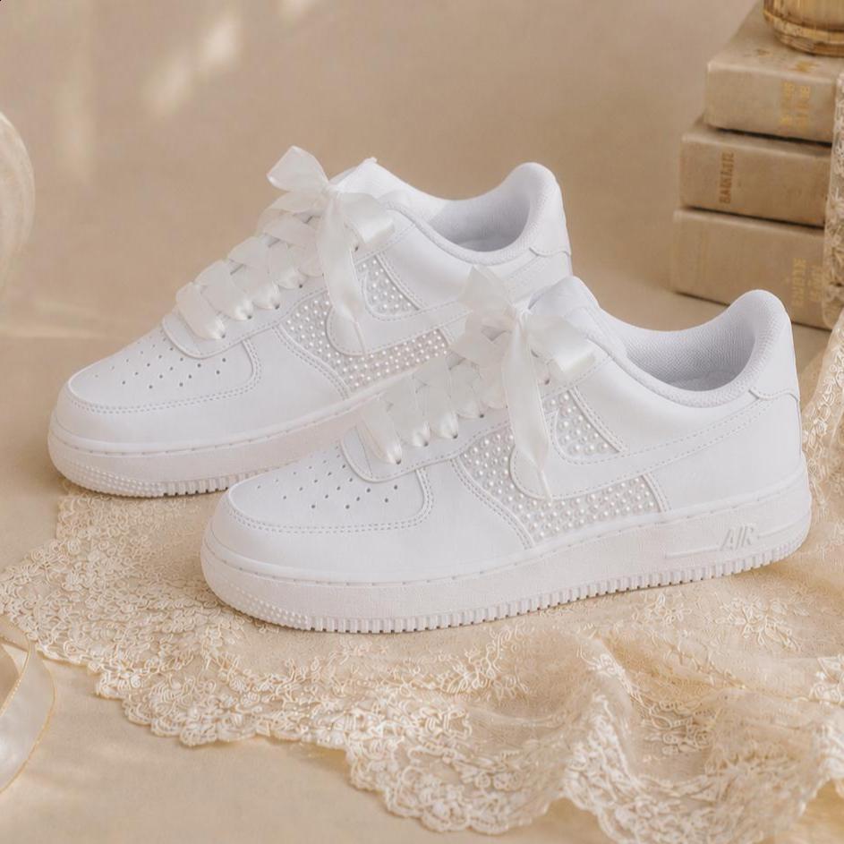 Custom Pearl Air Force One Wedding Sneakers, Personalized Bridal Sneakers, Pearl Shoes for Bride, Elegant Shoes, Prom Sneakers, Gift for Her