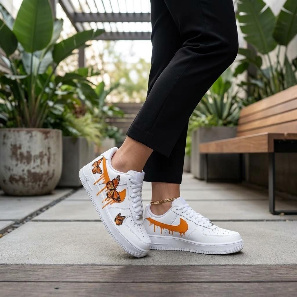 Butterfly Custom AF1, Hand Painted Orange Drip Sneakers, Custom Streetwear Shoes