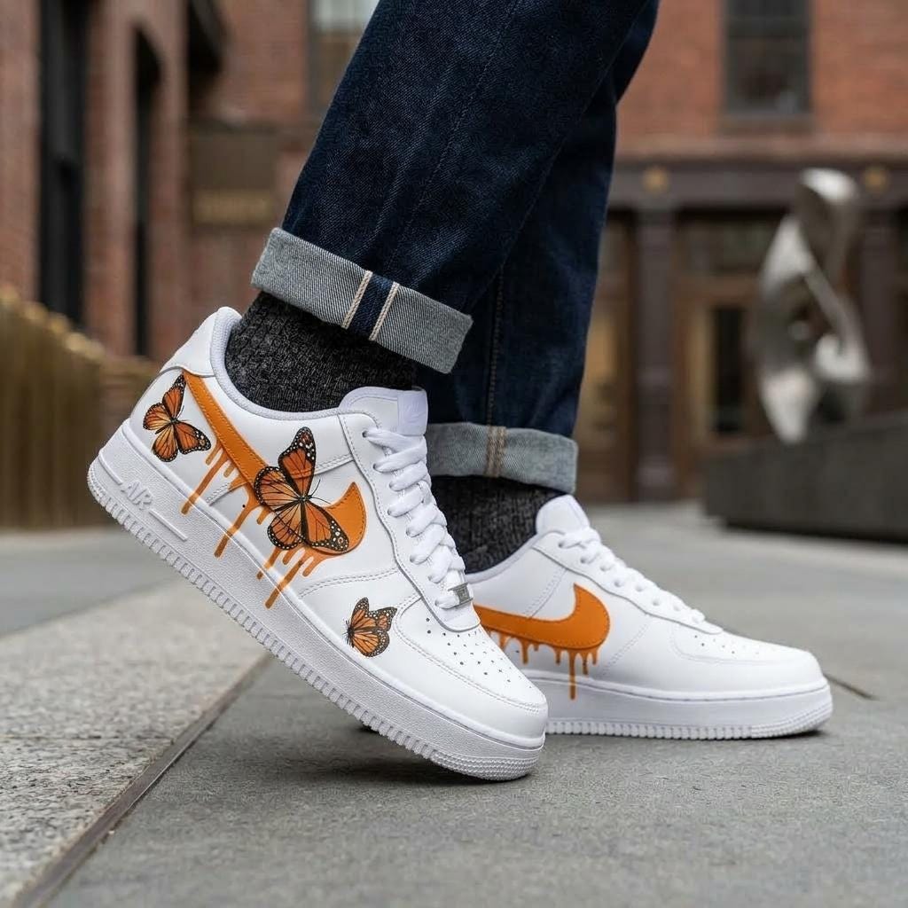 Butterfly Custom AF1, Hand Painted Orange Drip Sneakers, Custom Streetwear Shoes