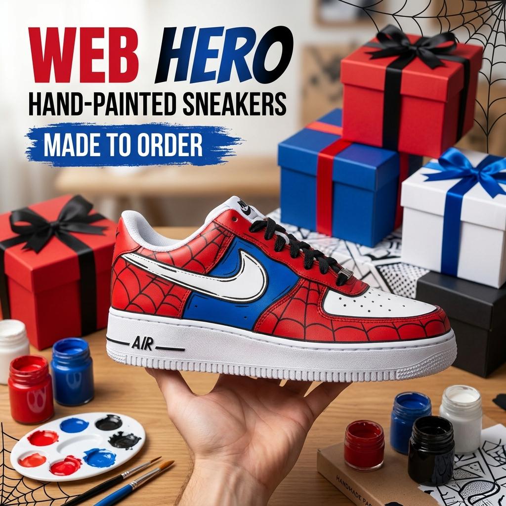Red Blue Custom Sneakers, Hand Painted Shoes, Web Design, Comic Streetwear, Unique Sneaker Gift