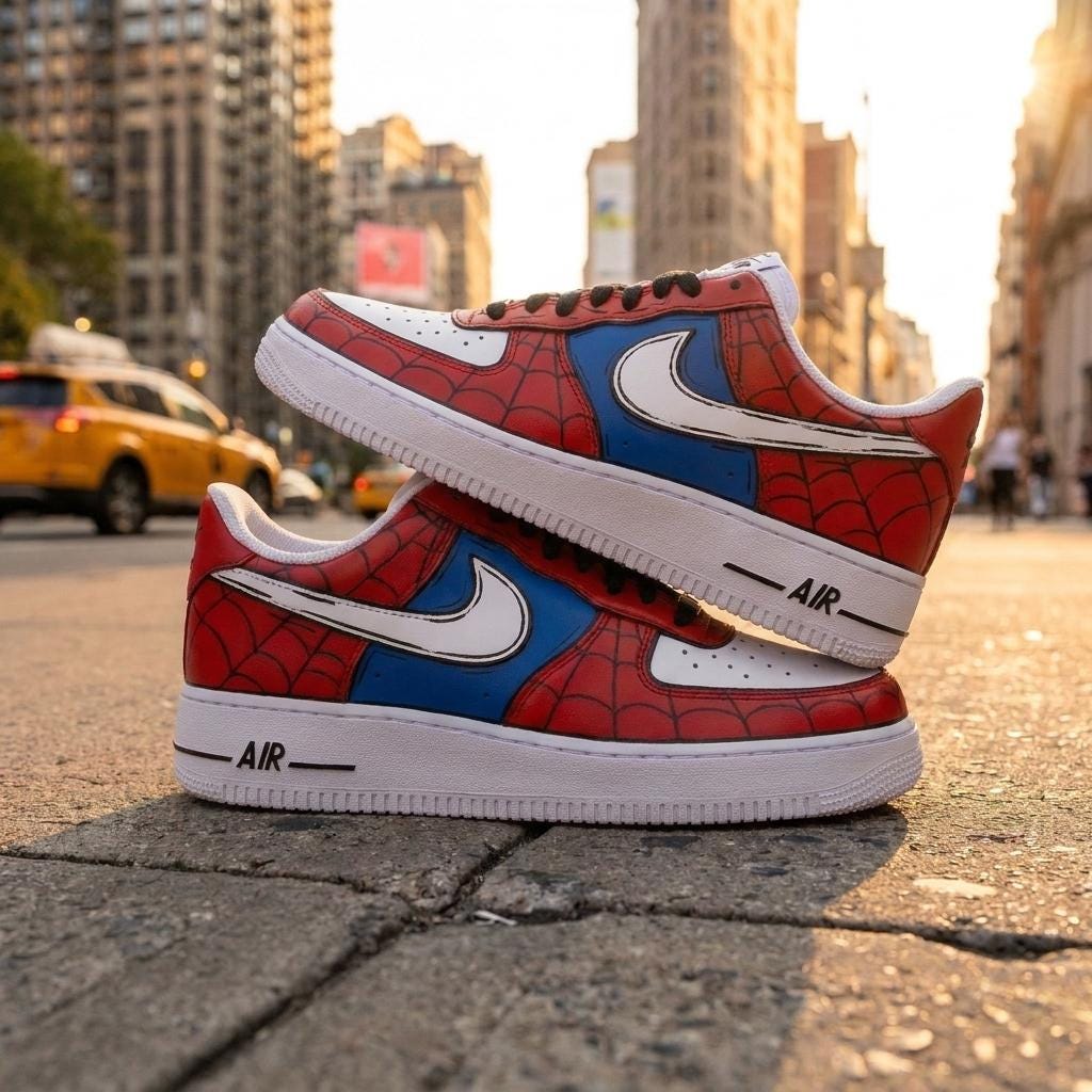 Red Blue Custom Sneakers, Hand Painted Shoes, Web Design, Comic Streetwear, Unique Sneaker Gift