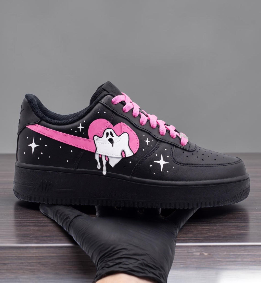 Custom Pink Ghost Sneakers, Hand Painted Ghost Shoes, Cute Drip Art Sneakers, Pink Heart Shoes, Kawaii Streetwear Gift