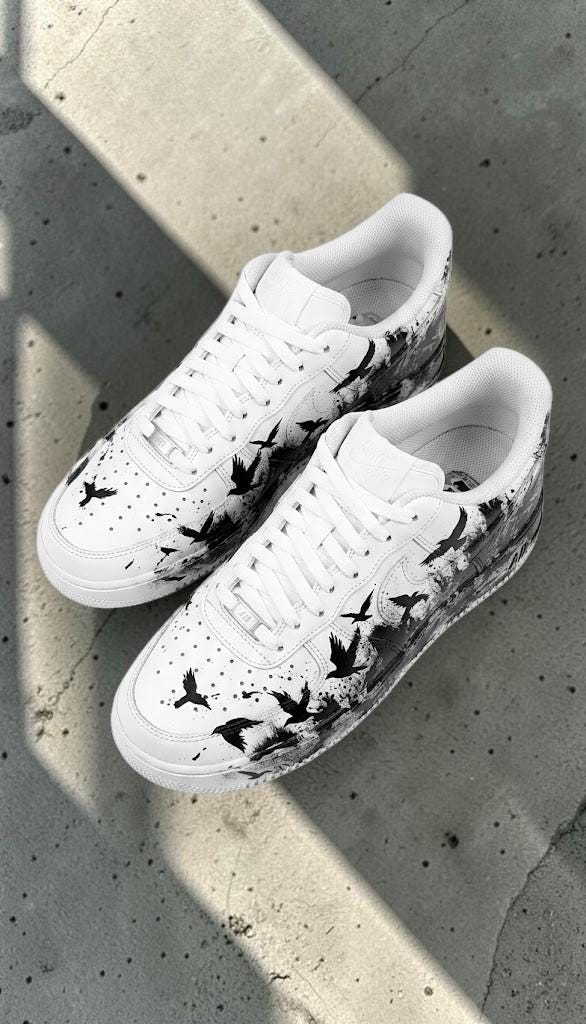 Custom Black and White Bird Sneakers, Hand Painted Shoes, Flying Birds Artwork, Unique Streetwear Gift, Personalized Sneakers