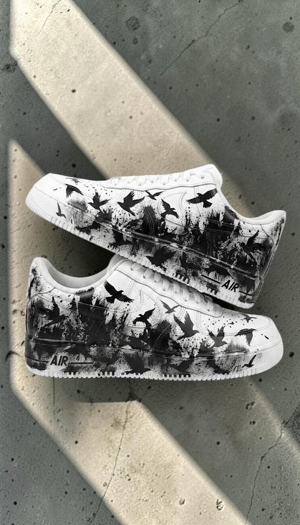 Custom Black and White Bird Sneakers, Hand Painted Shoes, Flying Birds Artwork, Unique Streetwear Gift, Personalized Sneakers