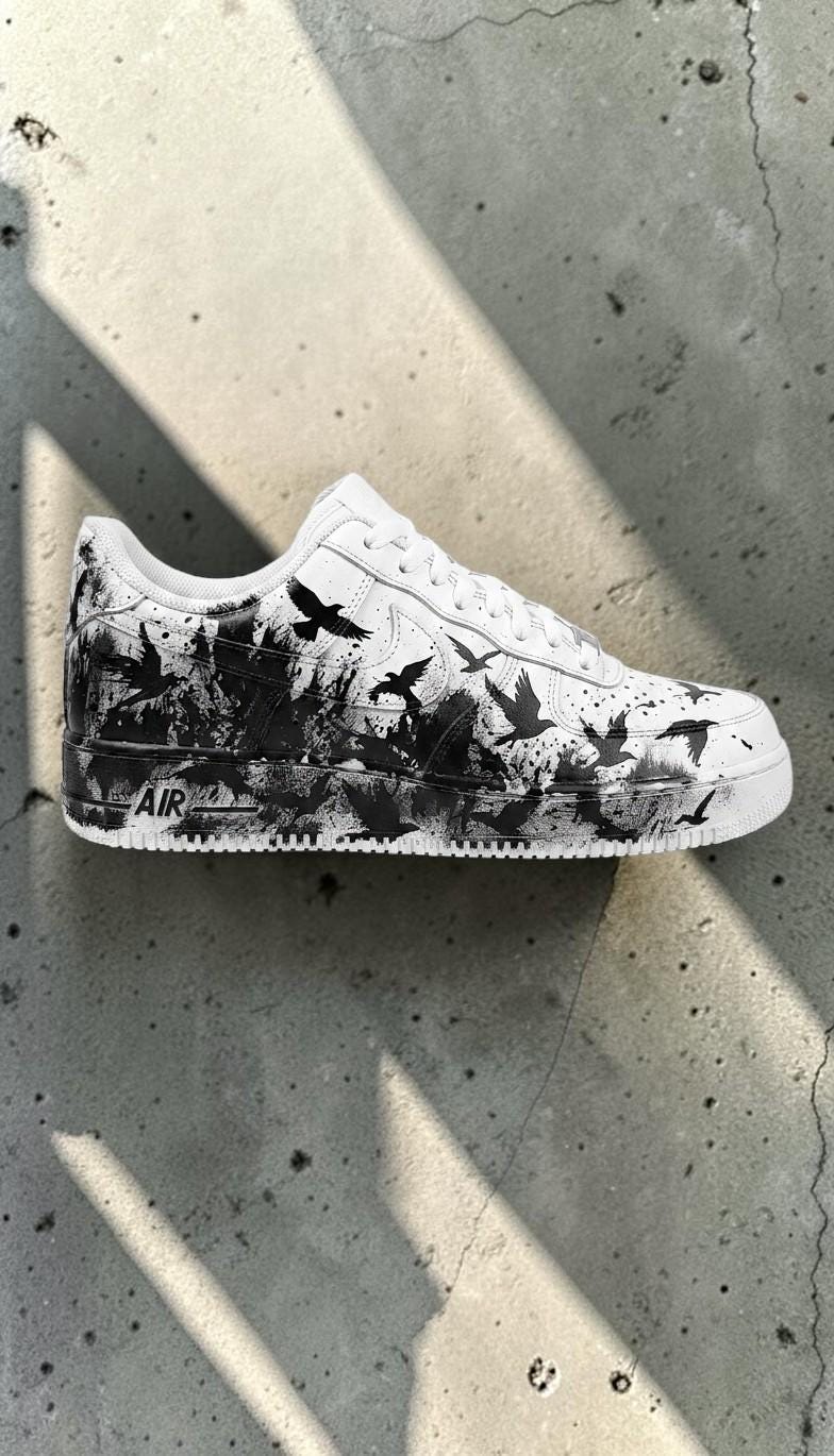 Custom Black and White Bird Sneakers, Hand Painted Shoes, Flying Birds Artwork, Unique Streetwear Gift, Personalized Sneakers