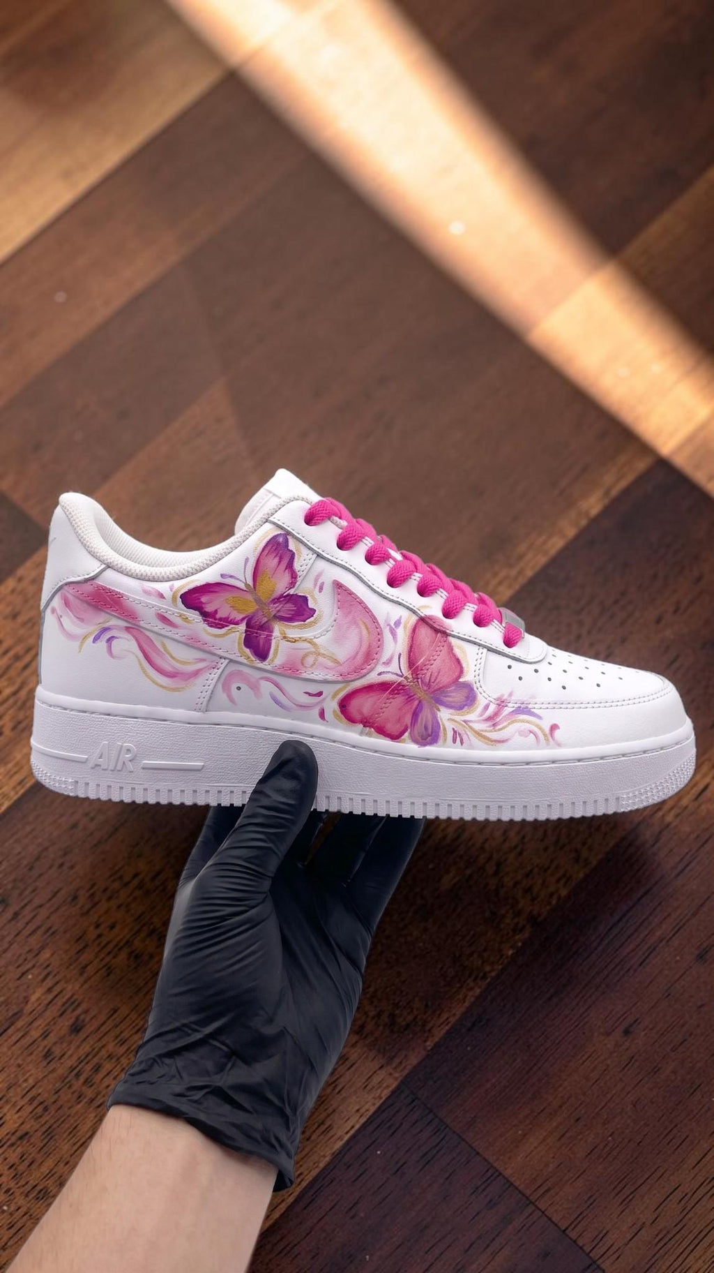 Custom Butterfly Sneakers, Pink White Hand Painted Shoes, Feminine Floral Artwork, Personalized Sneakers, Cute Gift for Her