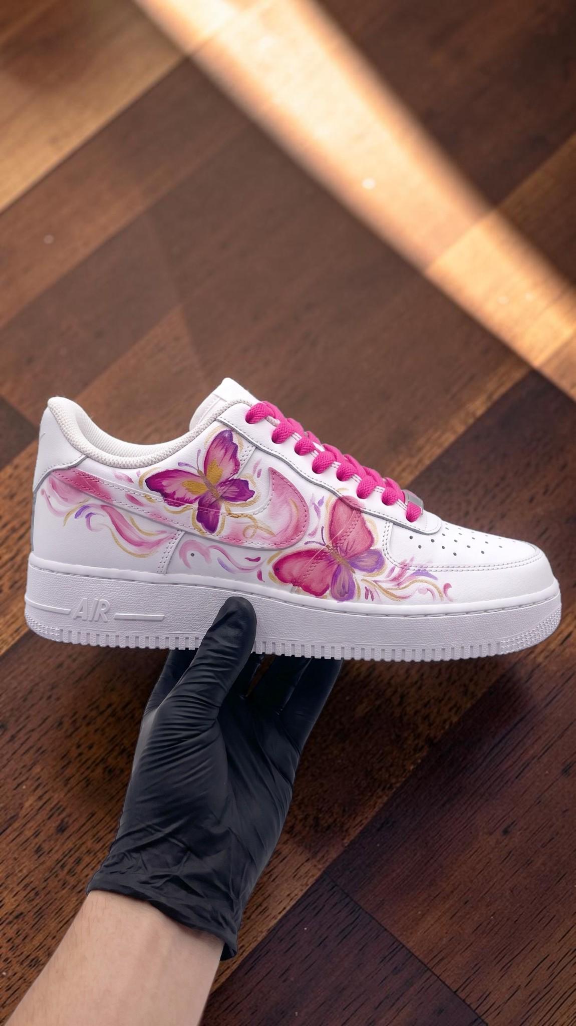 Custom Butterfly Sneakers, Pink White Hand Painted Shoes, Feminine Floral Artwork, Personalized Sneakers, Cute Gift for Her
