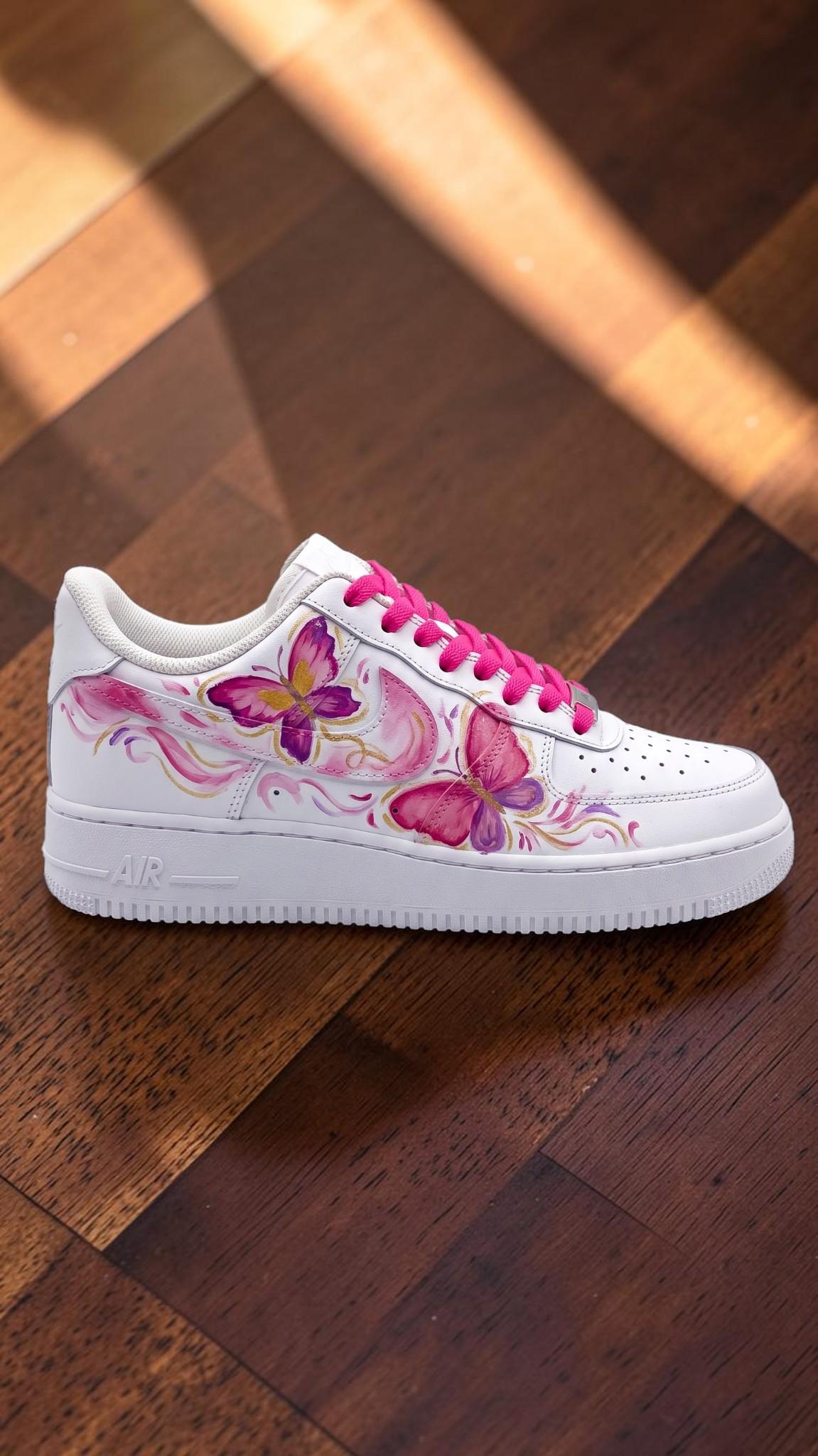 Custom Butterfly Sneakers, Pink White Hand Painted Shoes, Feminine Floral Artwork, Personalized Sneakers, Cute Gift for Her